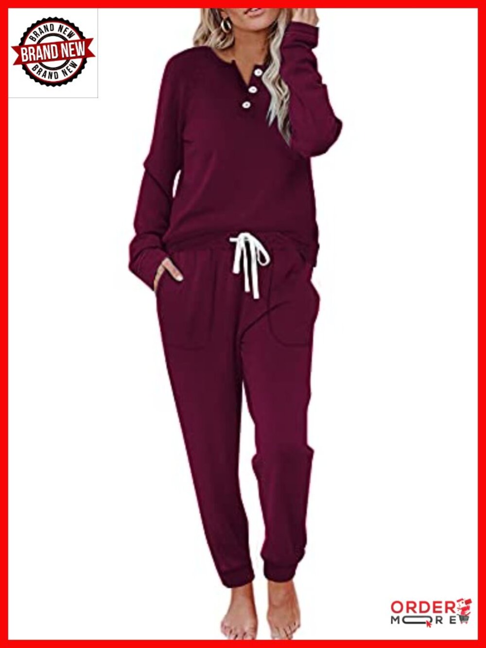 Two Piece Lounge Set Henley Sweatshirt & Drawstring Sweatpants with Pockets